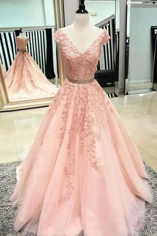 A Line V Neck Prom Lace Appliques Cheap Tulle Party Dress with Beading