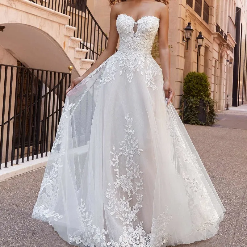 A-Line Wedding Dress Lace With Detachable Bishop Sleeves WD4002