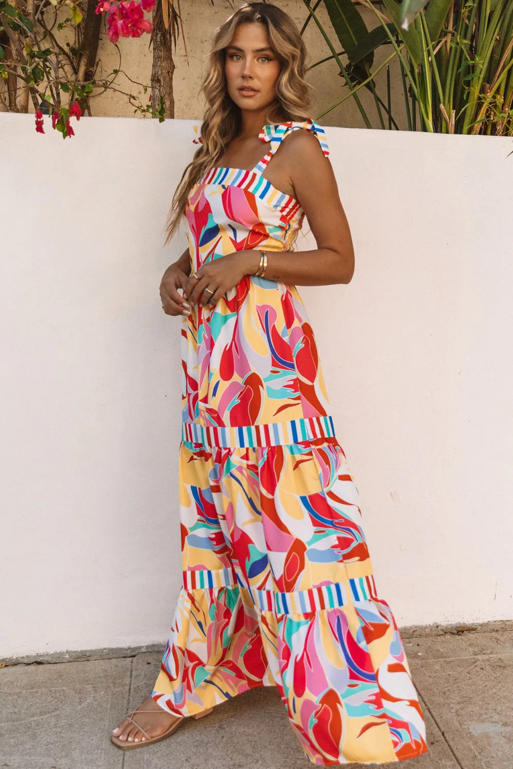 Abstract Striped Trim Maxi Sundress