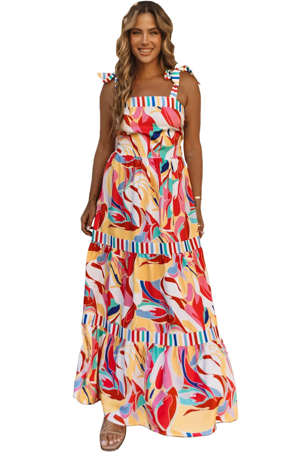 Abstract Striped Trim Maxi Sundress