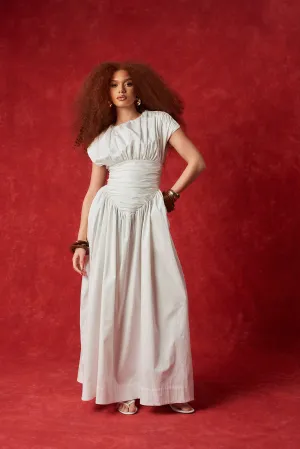 Adesuwa Ruched Cotton Long Dress - White