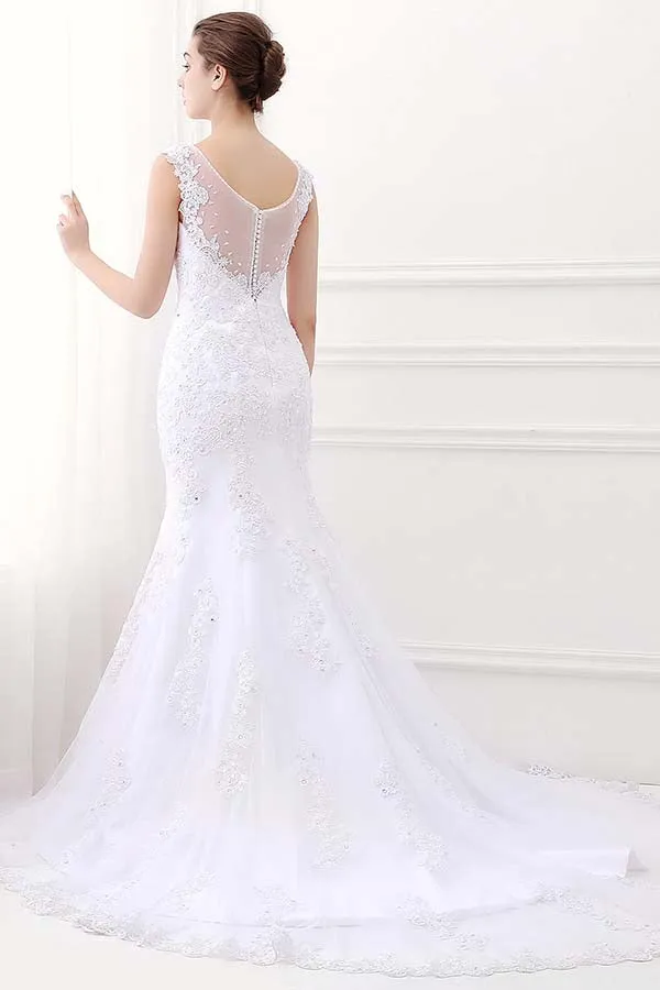 Alfa Bridal White V-neck Sleeveless Mermaid Lace Beaded Rhinestones Wedding Dresses (AW003)