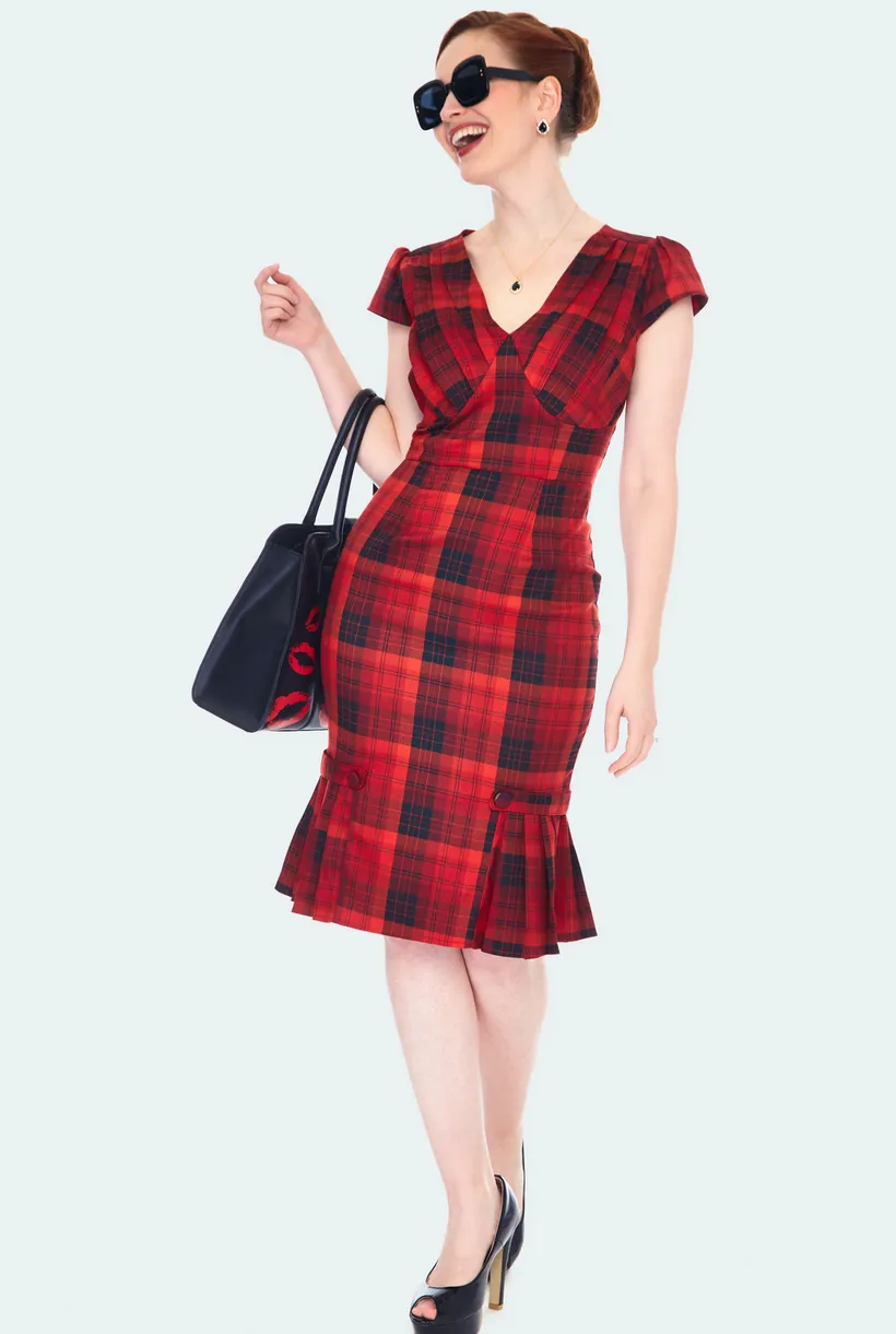 Angela Red Plaid Pleated Bust Fitted Dress