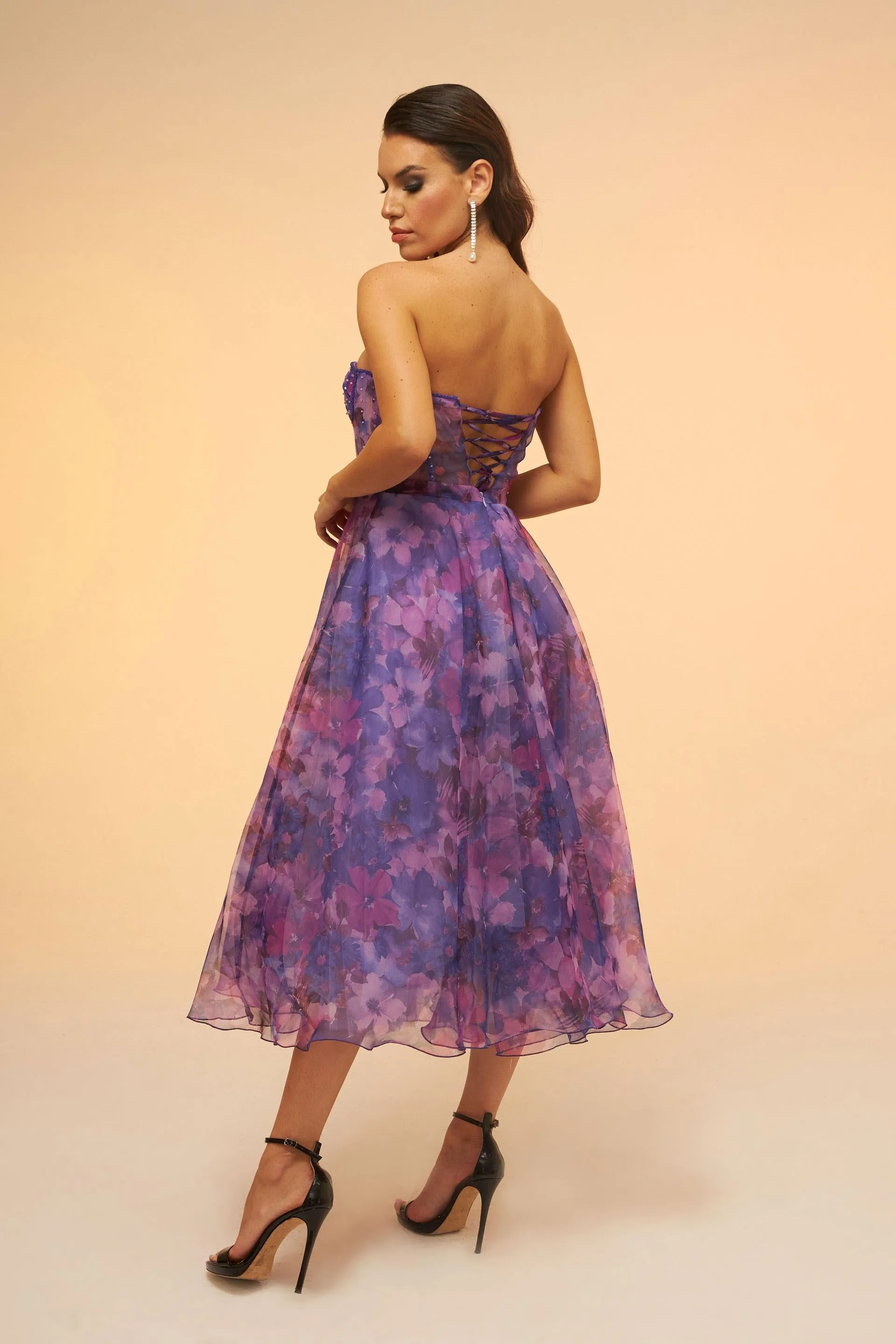 Angelino Purple Printed Strapless Midi Evening Dress