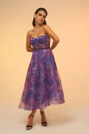 Angelino Purple Printed Strapless Midi Evening Dress