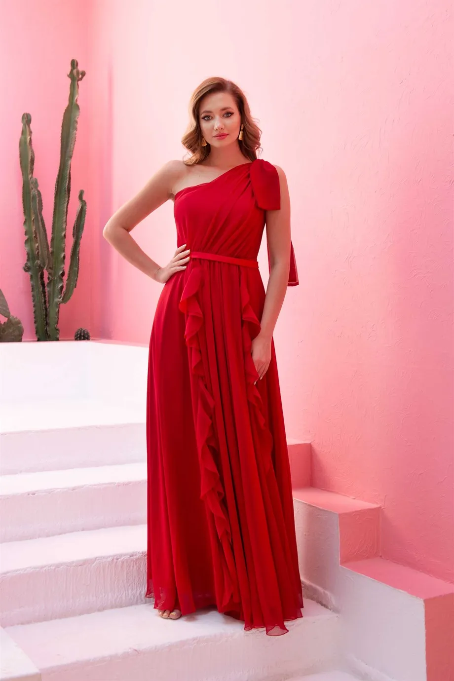 Angelino Red Chiffon One Shoulder Long Evening Dress