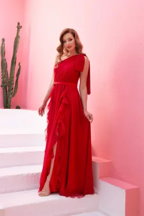 Angelino Red Chiffon One Shoulder Long Evening Dress