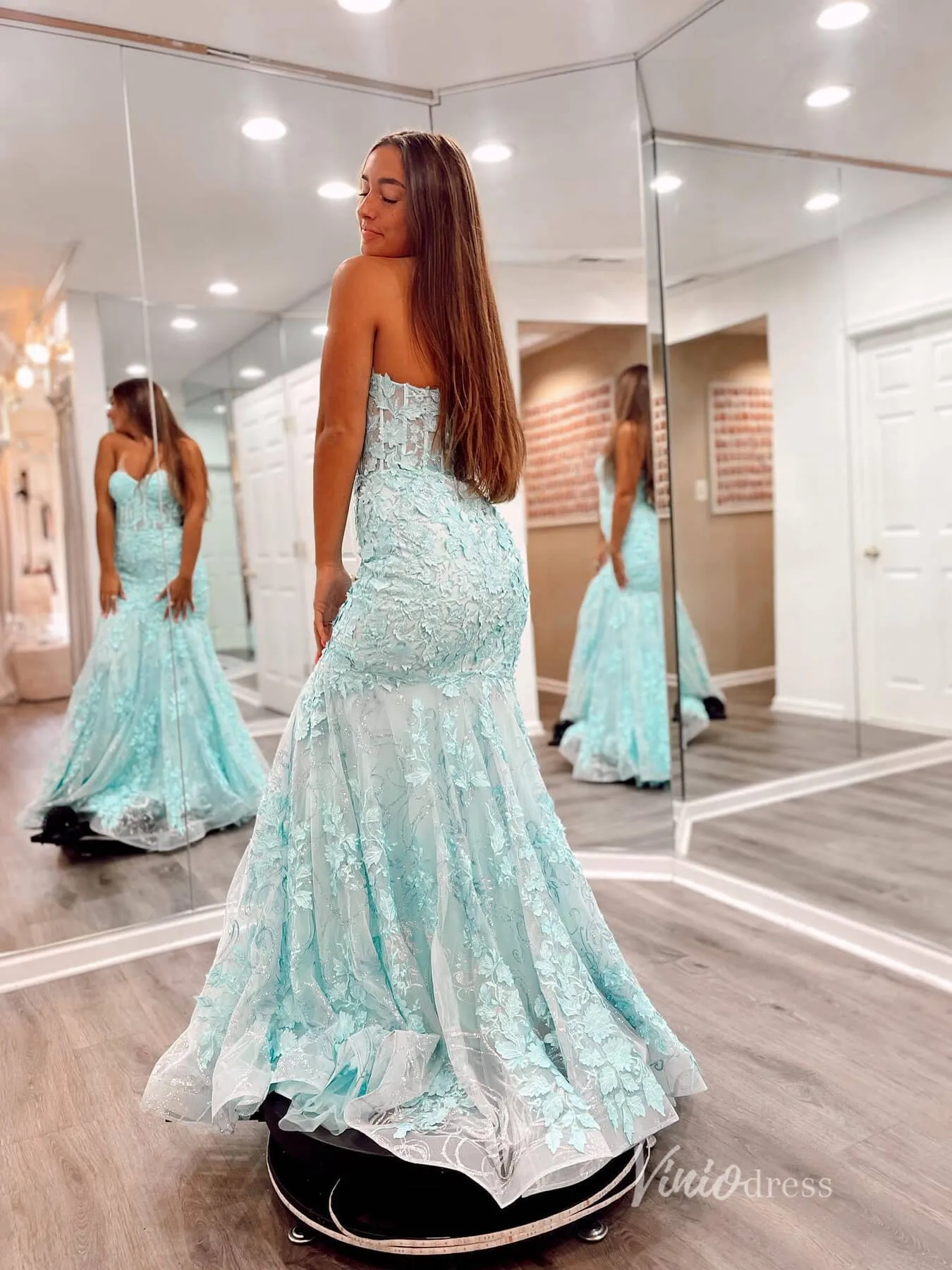 Aqua Lace Applique Mermaid Prom Dresses Strapless Evening Dress FD2684