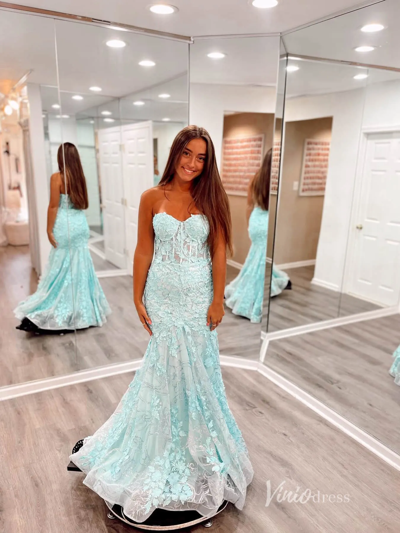 Aqua Lace Applique Mermaid Prom Dresses Strapless Evening Dress FD2684