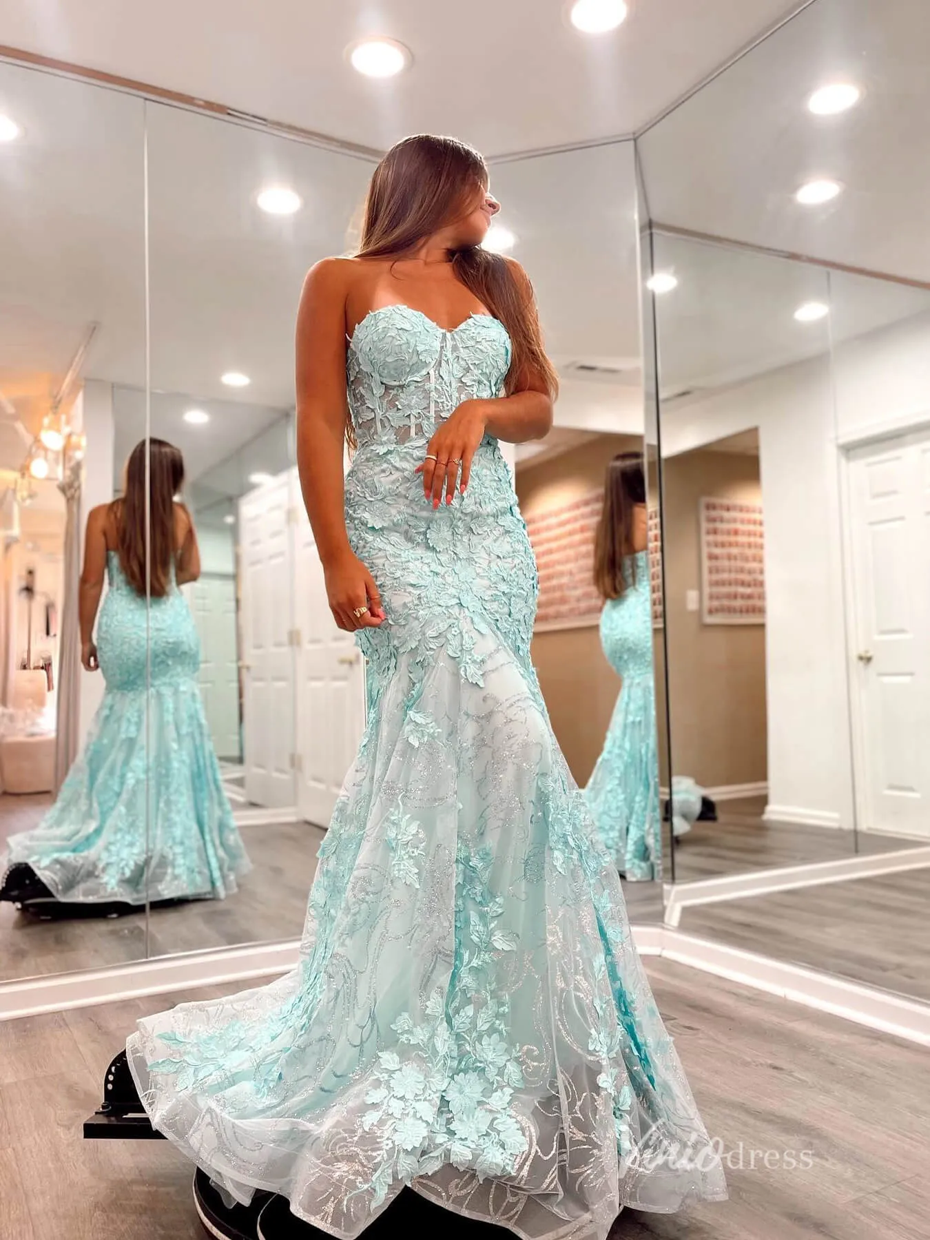 Aqua Lace Applique Mermaid Prom Dresses Strapless Evening Dress FD2684