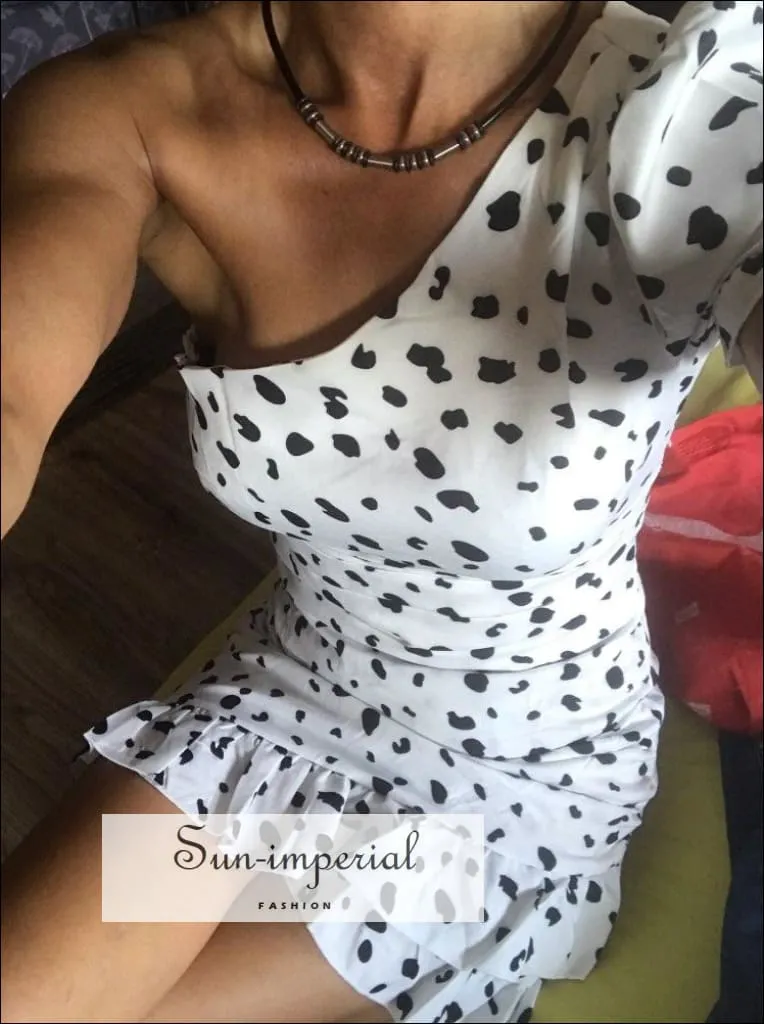 Asymmetrical Black White Polka Dot Dress One Shoulder Short Sleeve Ruffle Summer Ruched Mini Dress