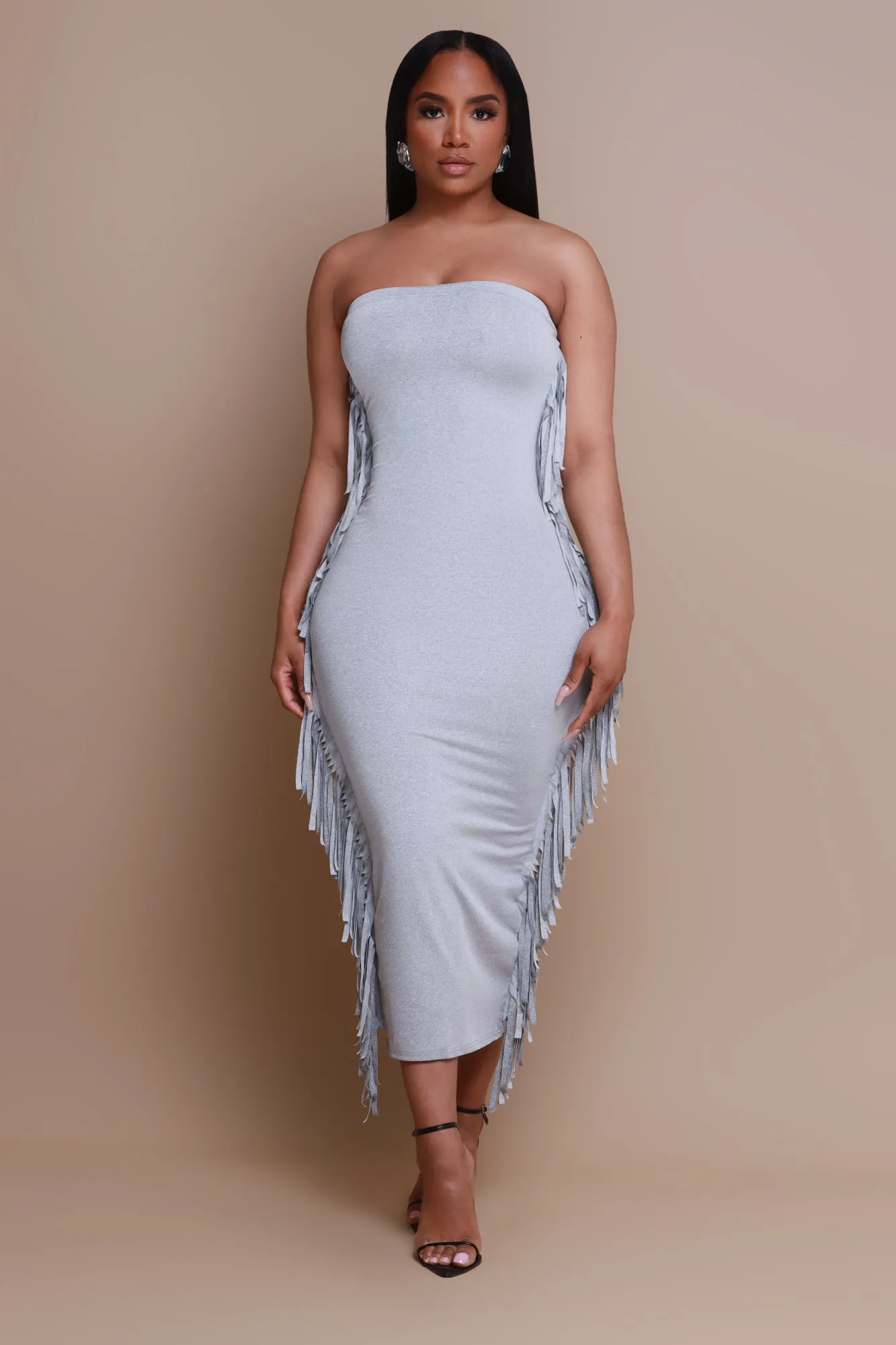 At All Costs Strapless Fringe Maxi Dress - Grey