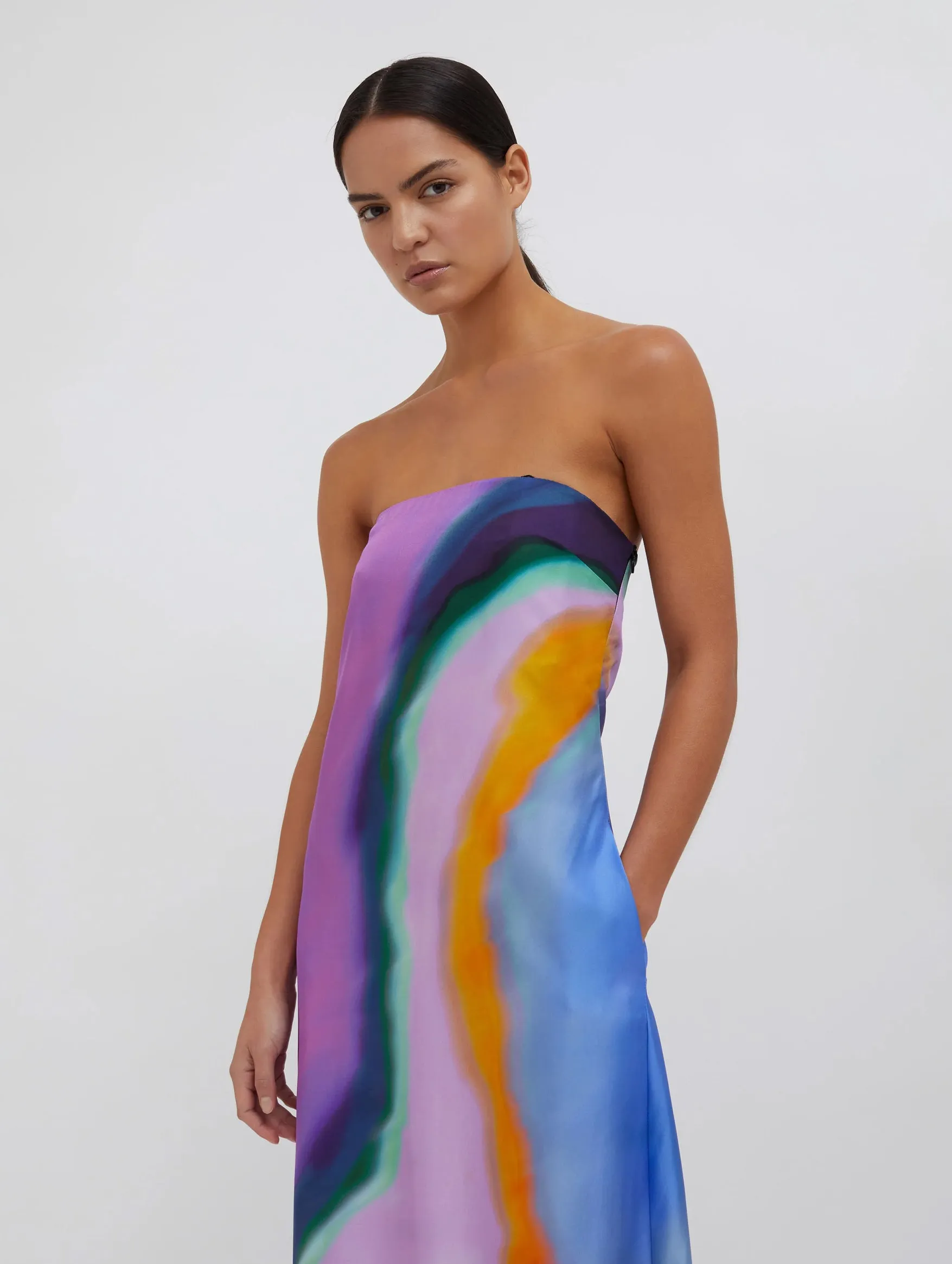 Aura Silk Strapless Dress in Aura Print