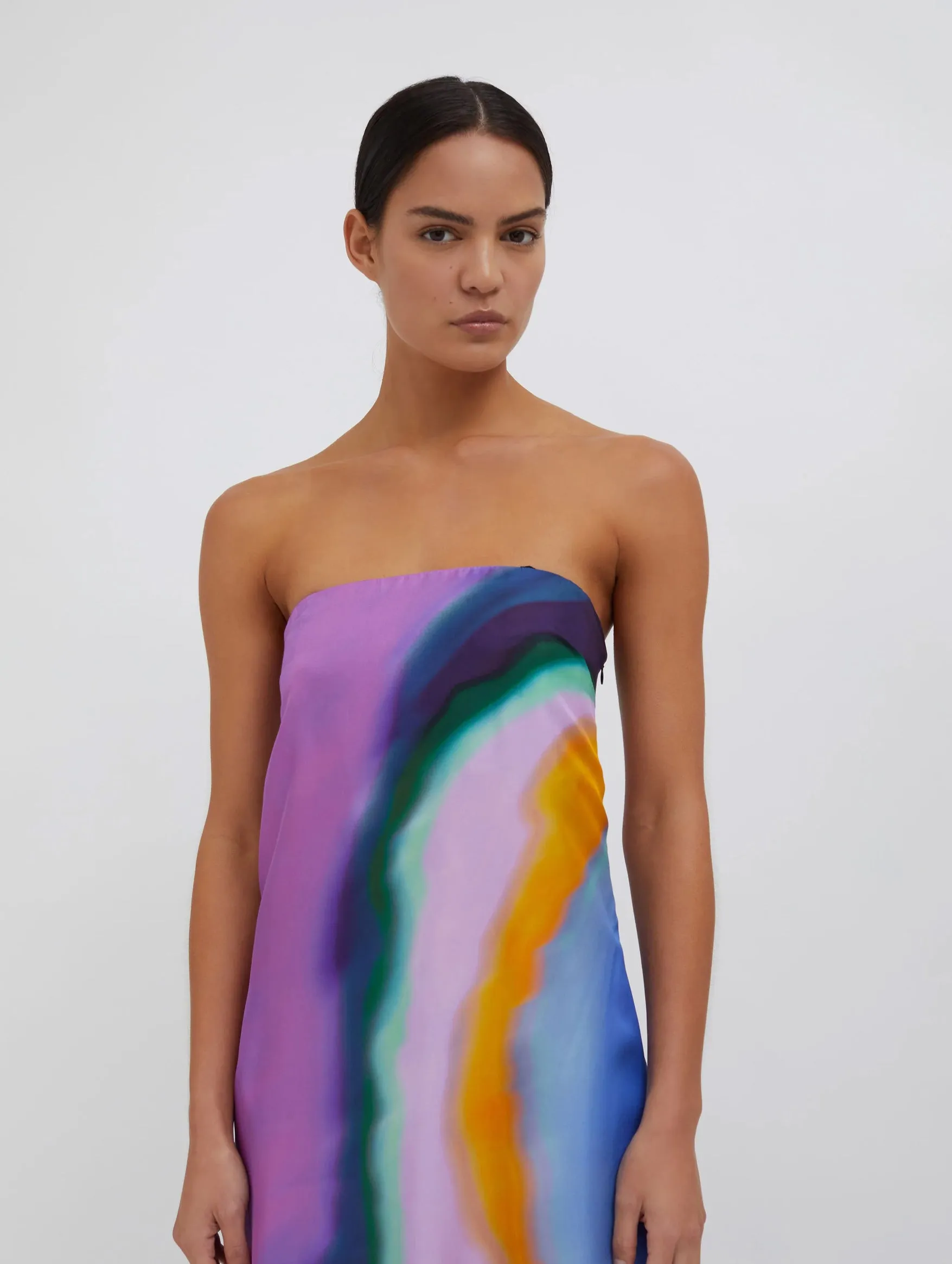 Aura Silk Strapless Dress in Aura Print