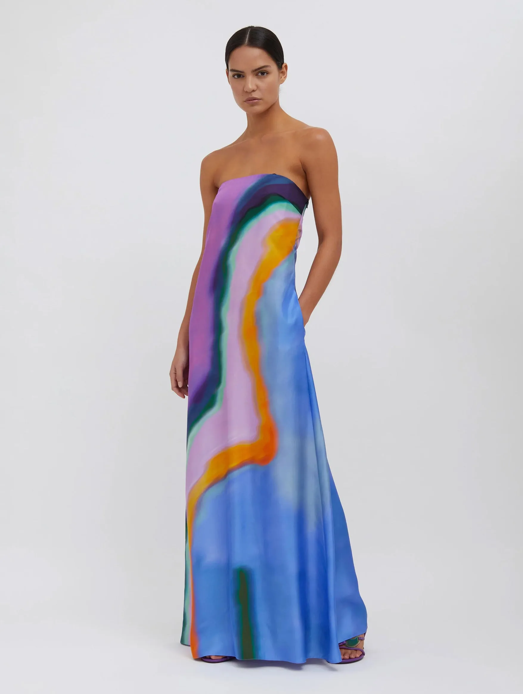 Aura Silk Strapless Dress in Aura Print