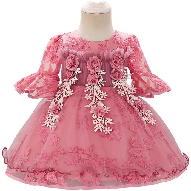 Baby Girls Party Pink Flower Infant Dresses Princess Baby Christening Dress