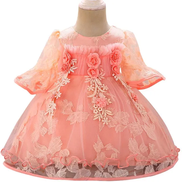 Baby Girls Party Pink Flower Infant Dresses Princess Baby Christening Dress