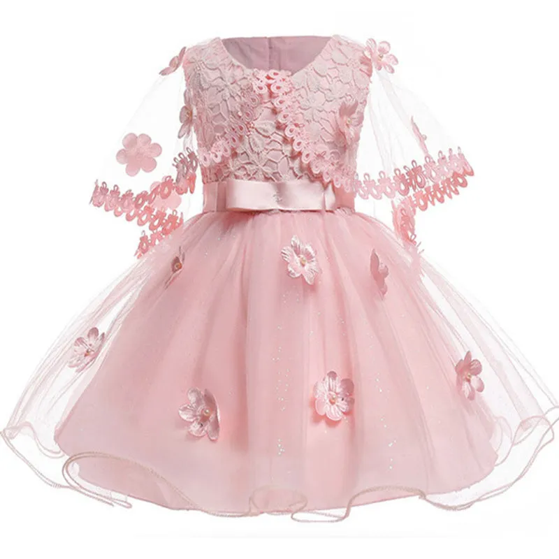 Baby Girls Party Pink Flower Infant Dresses Princess Baby Christening Dress