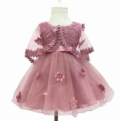 Baby Girls Party Pink Flower Infant Dresses Princess Baby Christening Dress