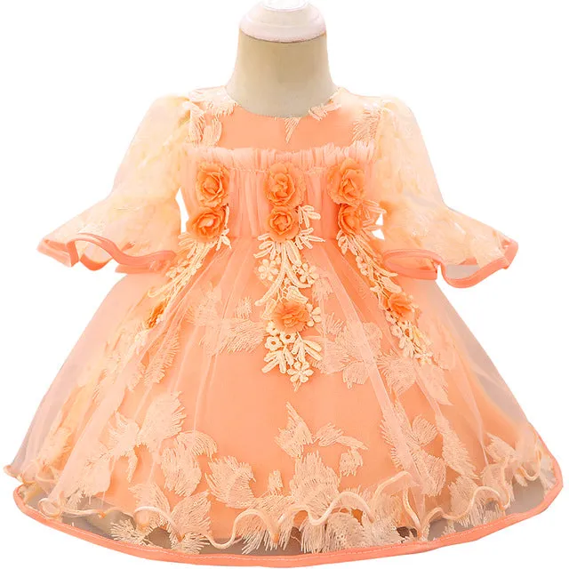 Baby Girls Party Pink Flower Infant Dresses Princess Baby Christening Dress