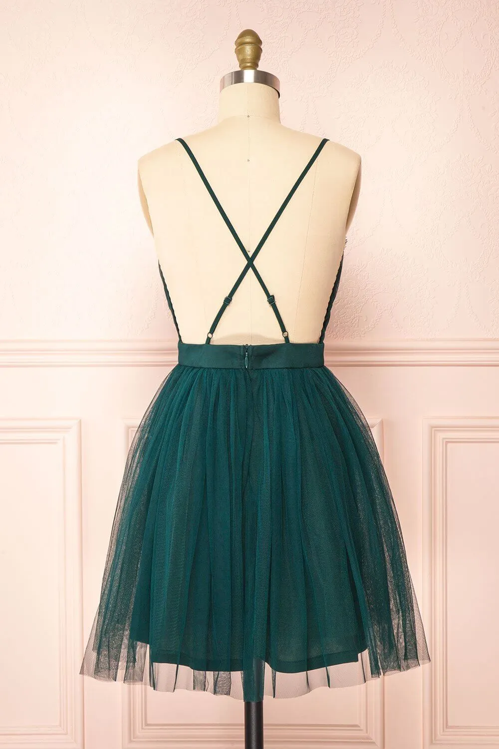 Backless Emerald Green Homecoming Dress Tulle Short Party Dress SD1091