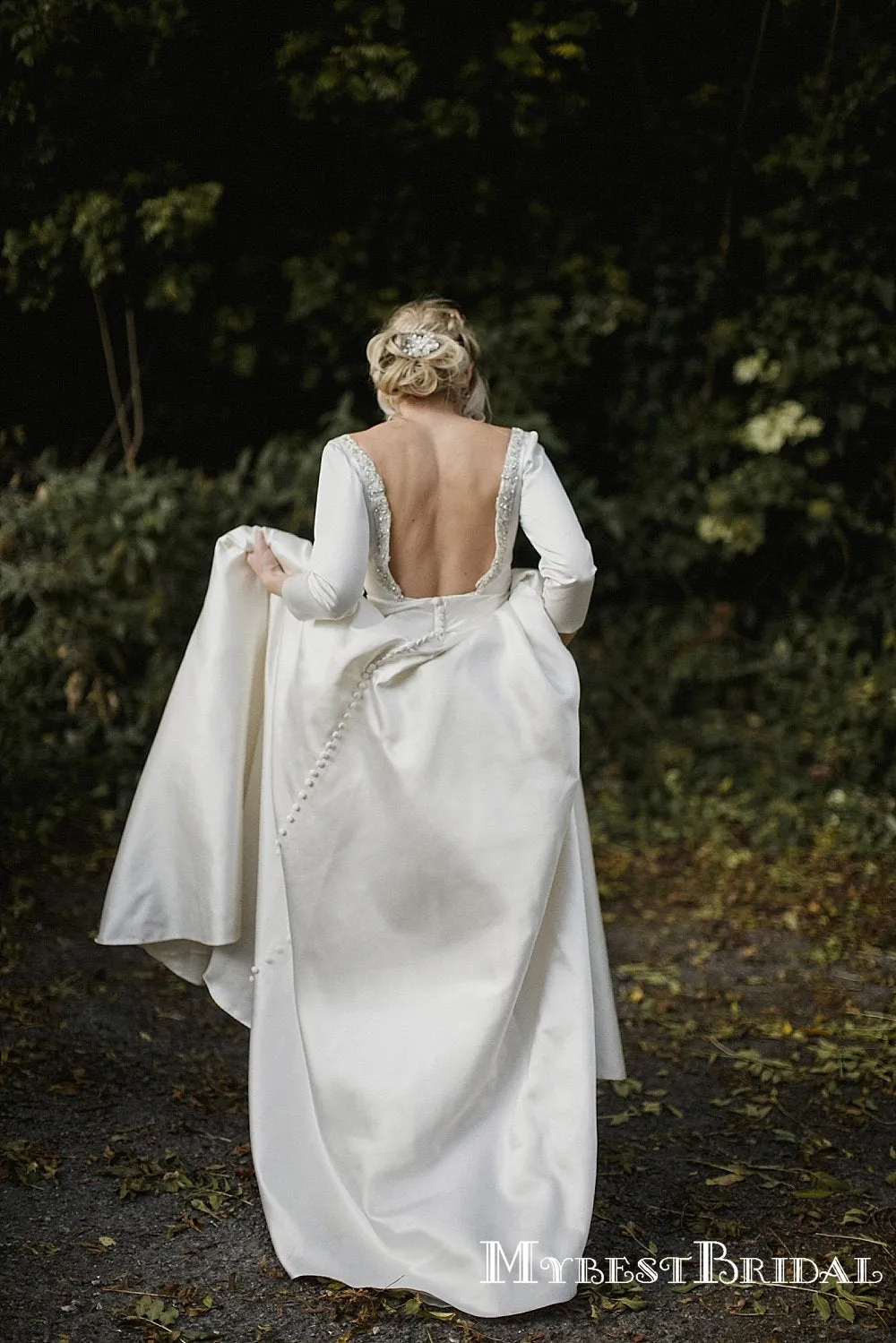 Backless Long Sleeves Ivory Satin Beaded A-line Wedding Dresses, TYP0020