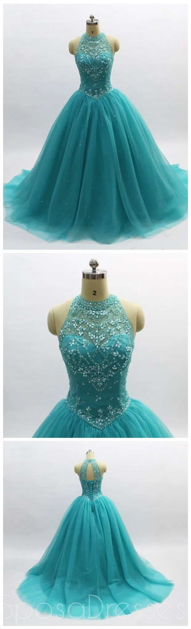 Ball Gown Turquoise Halter Beaded A-line Long Evening Prom Dresses, Cheap Sweet 16 Dresses, 18356