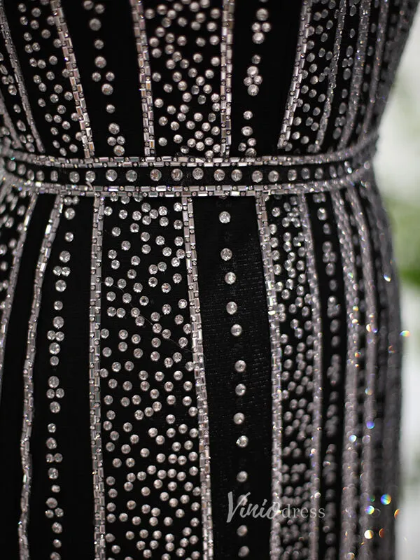 Beaded Black Sheath Evening Dress Cap Sleeve High Neck Prom Dresses 20098