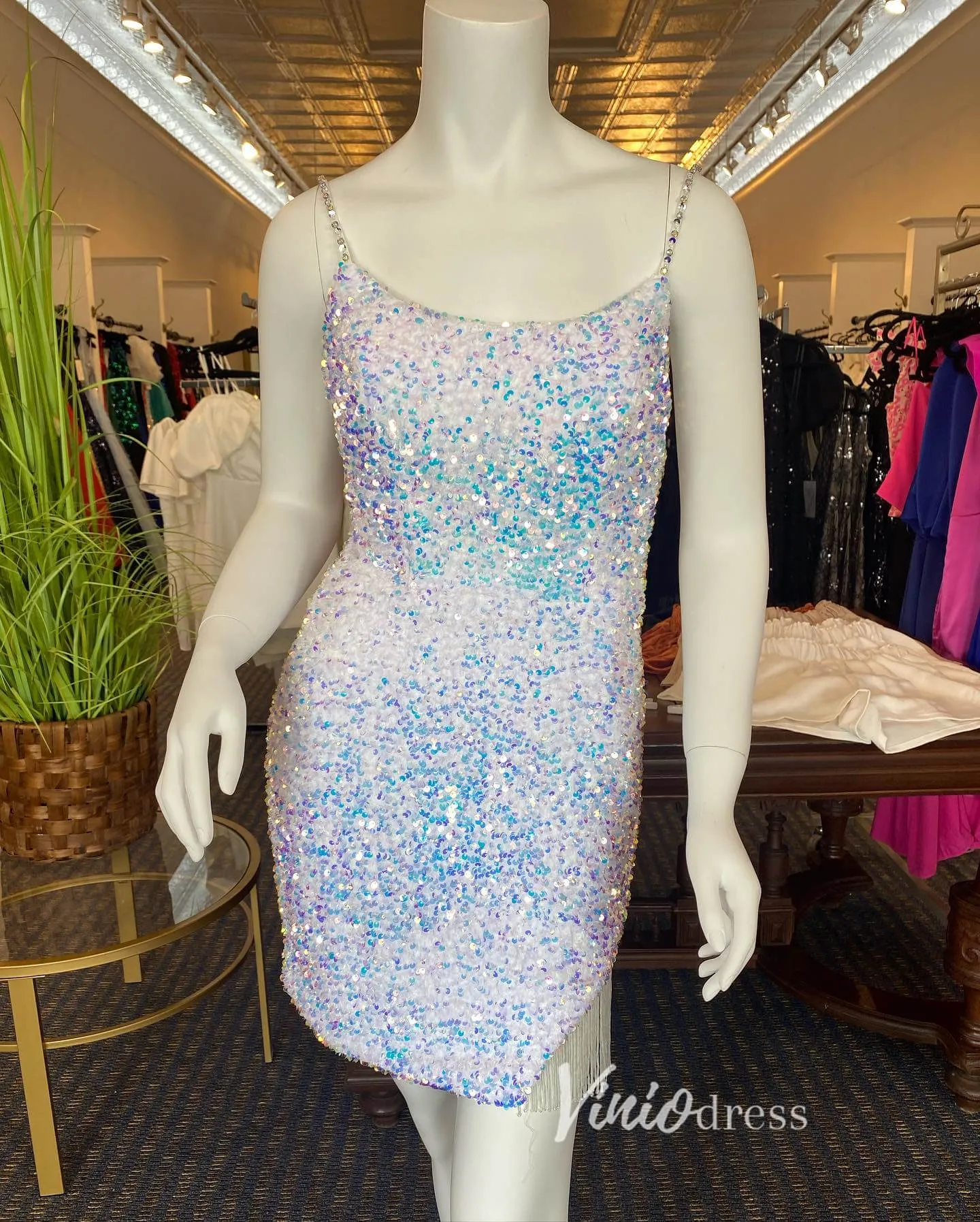 Beaded Bodycon Sequin Cocktail Dresses Spaghetti Strao Hoco Dress SD1593