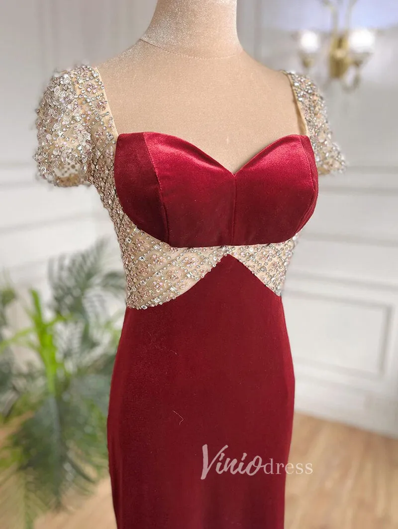 Beaded Burgundy Velvet Prom Dresses Sweetheart Neck Sheath Evening Dress 20028