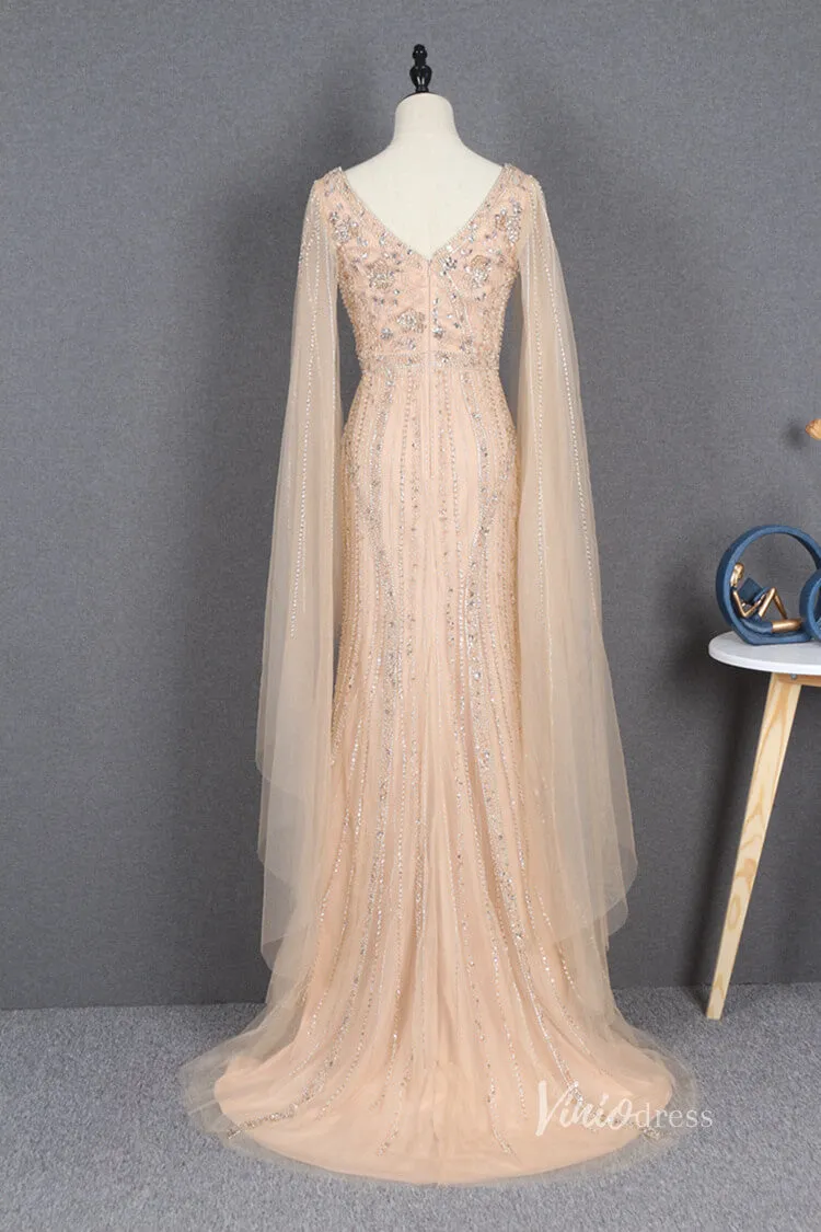 Beaded Gold Cape Sleeve Prom Dresses with Slit Sheath Evening Dress FD2780