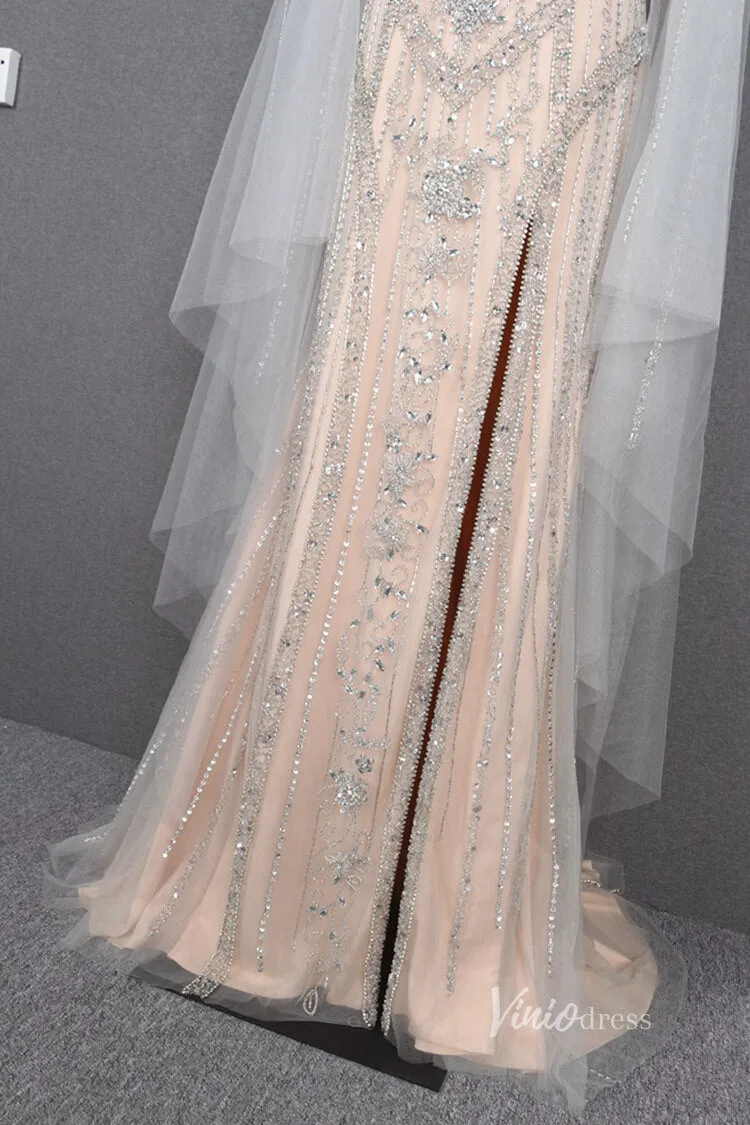 Beaded Gold Cape Sleeve Prom Dresses with Slit Sheath Evening Dress FD2780