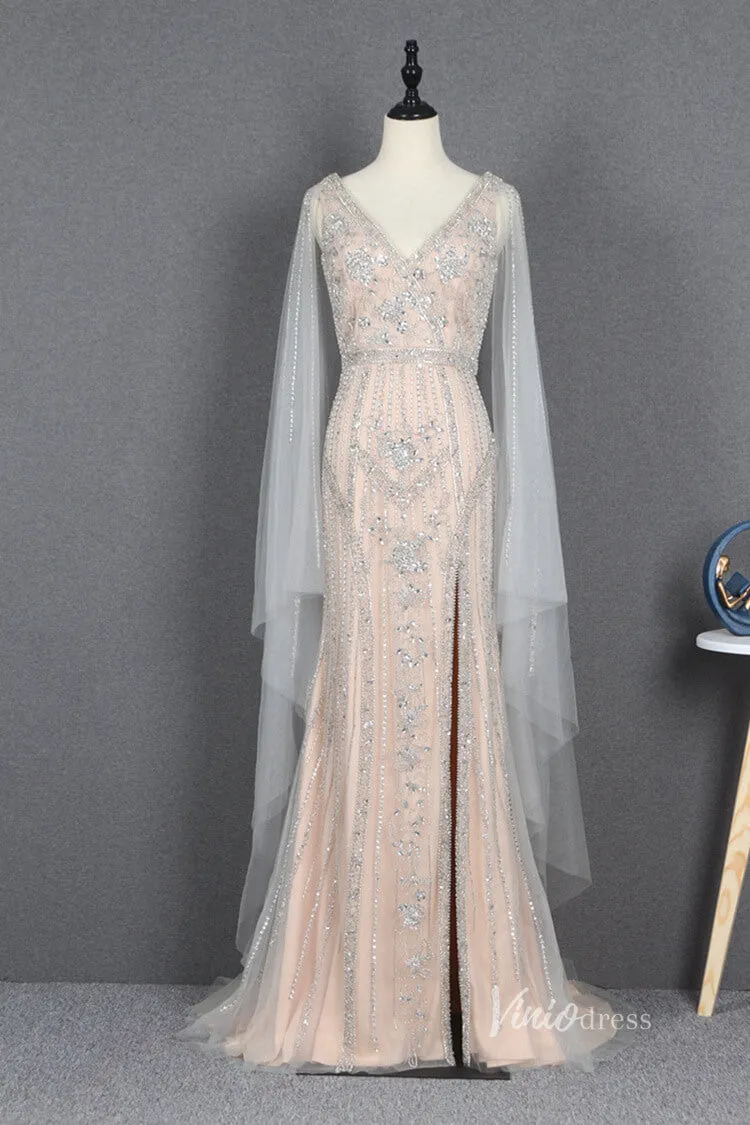 Beaded Gold Cape Sleeve Prom Dresses with Slit Sheath Evening Dress FD2780