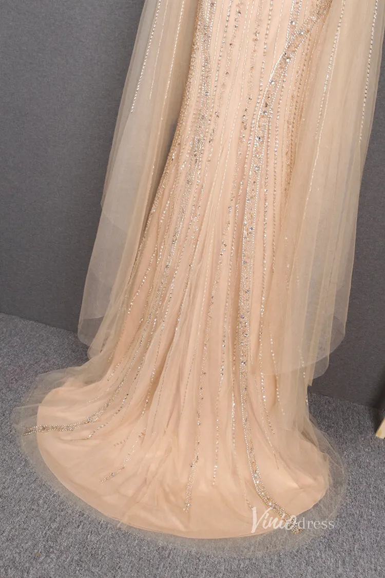 Beaded Gold Cape Sleeve Prom Dresses with Slit Sheath Evening Dress FD2780