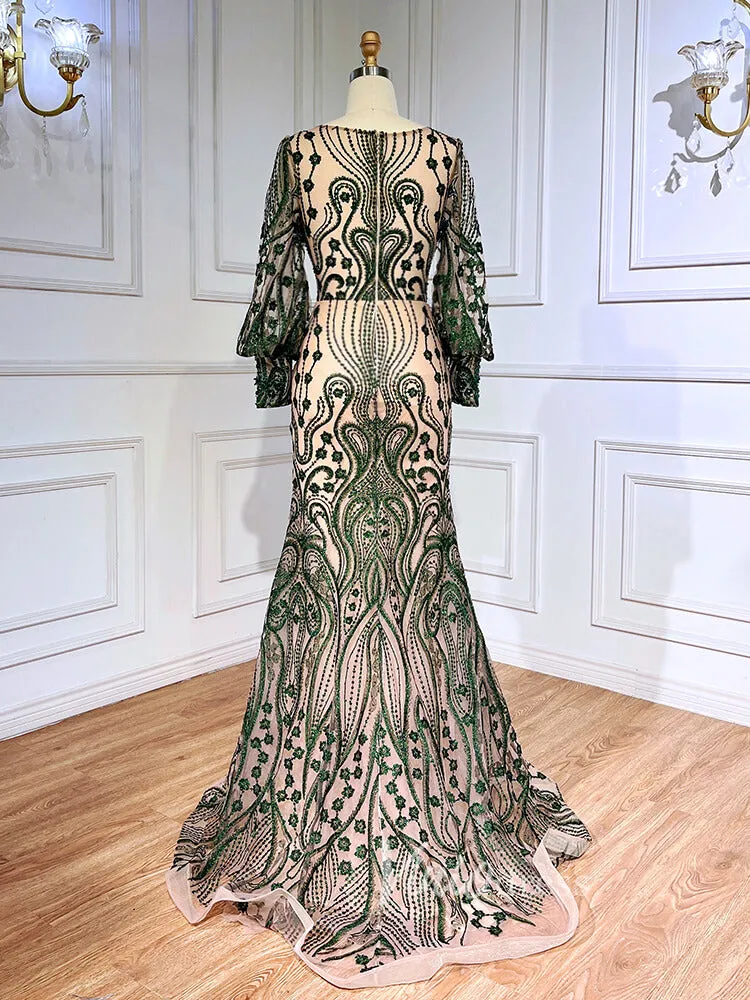 Beaded Green Mother of Bride Dress Vintage Long Sleeve Evening Dresses 20032