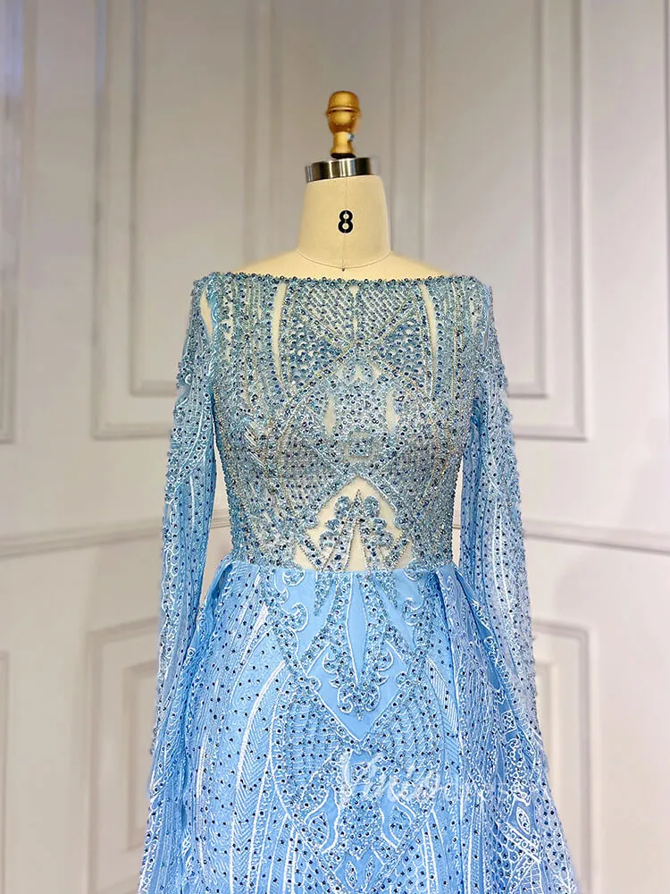 Beaded Light Blue Lace Evening Dress Long Sleeve Prom Dresses 20025