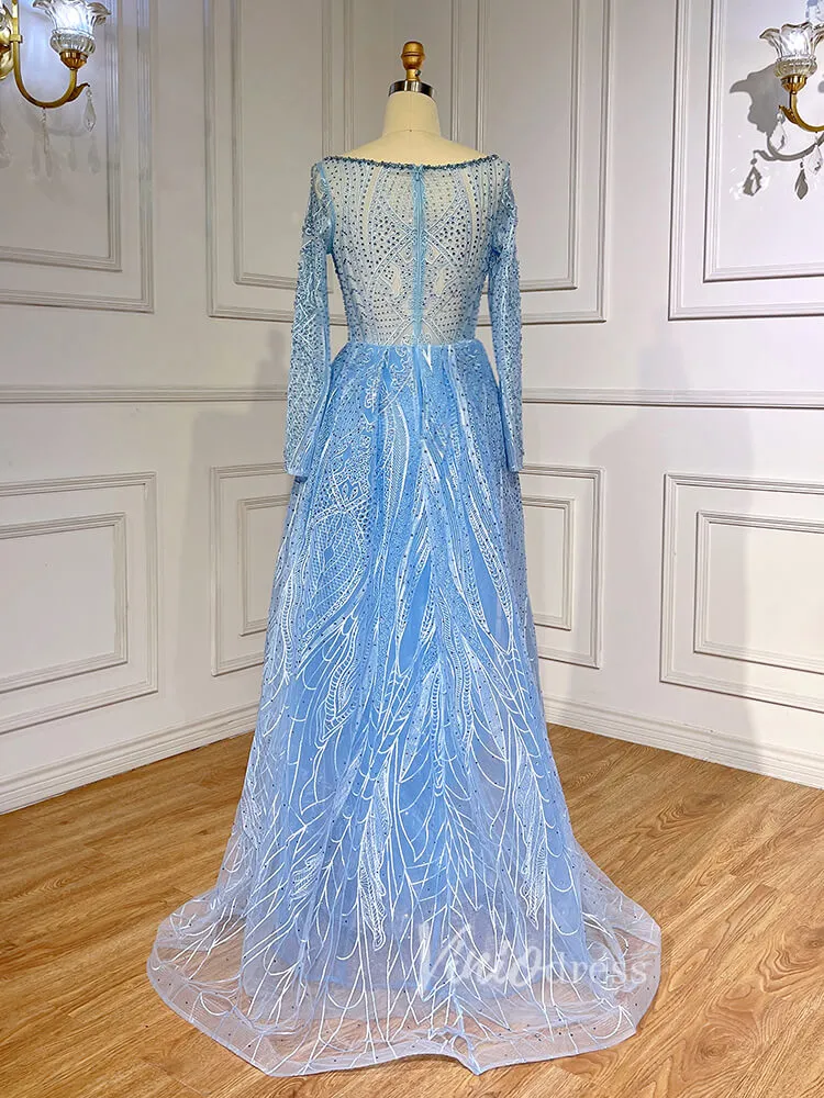 Beaded Light Blue Lace Evening Dress Long Sleeve Prom Dresses 20025