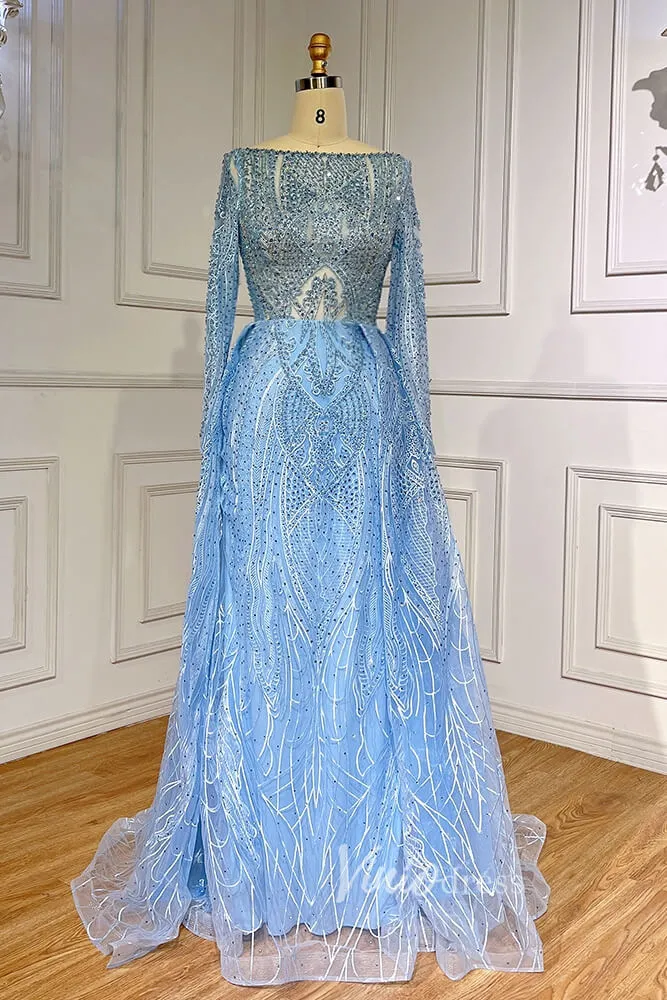 Beaded Light Blue Lace Evening Dress Long Sleeve Prom Dresses 20025