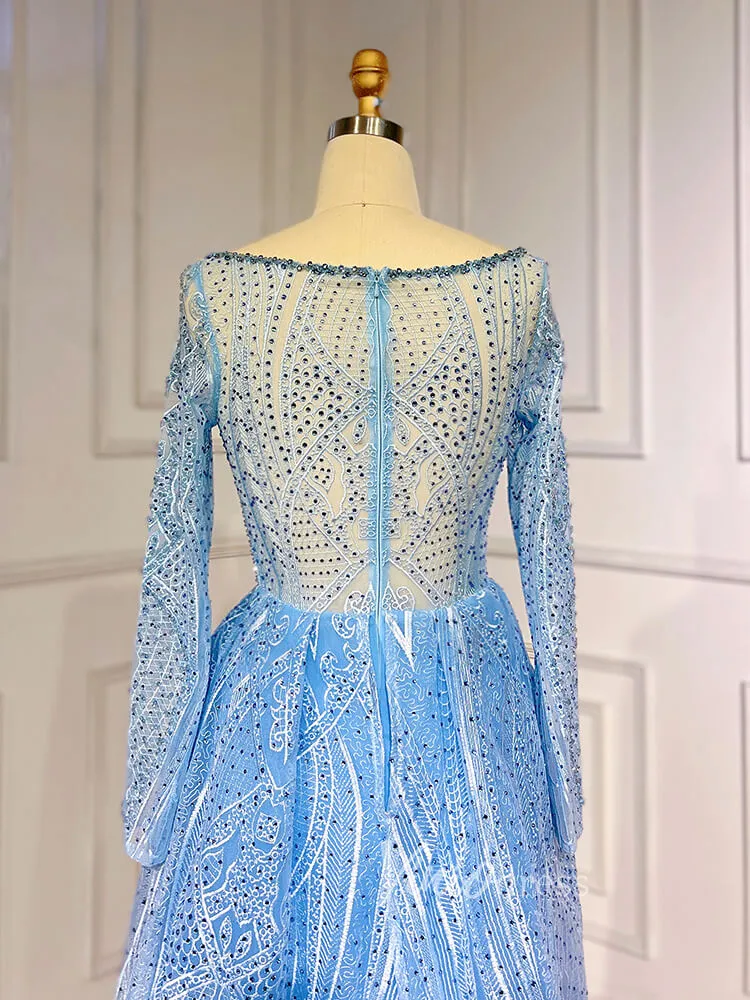 Beaded Light Blue Lace Evening Dress Long Sleeve Prom Dresses 20025