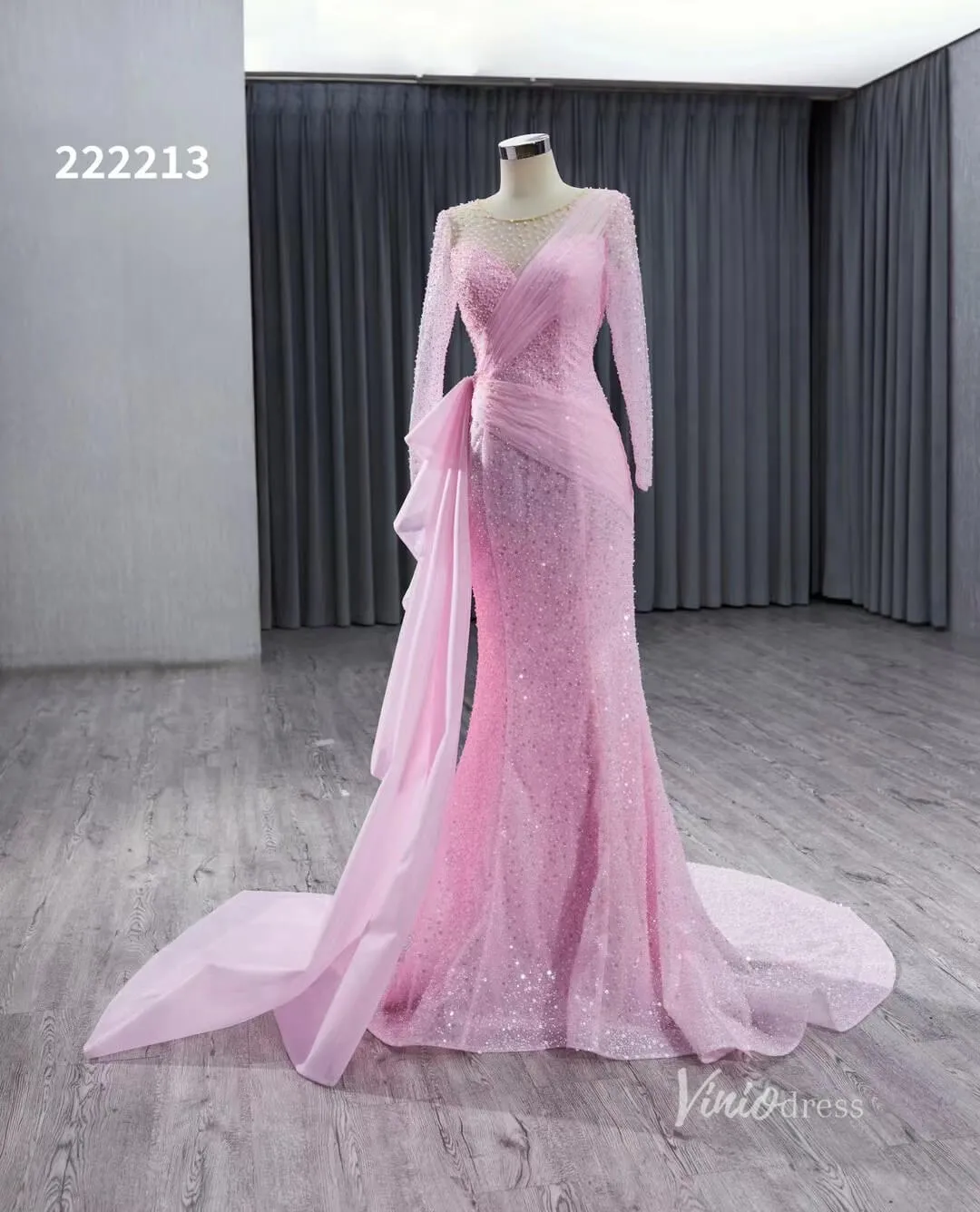 Beaded Long Sleeve Pink Pageant Gown Overskirt Mermaid Wedding Dresses 222213