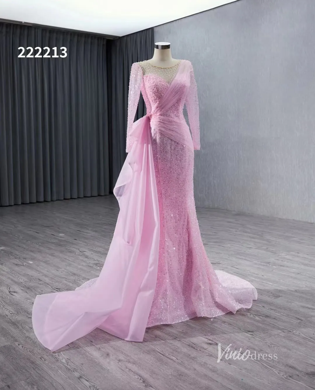 Beaded Long Sleeve Pink Pageant Gown Overskirt Mermaid Wedding Dresses 222213