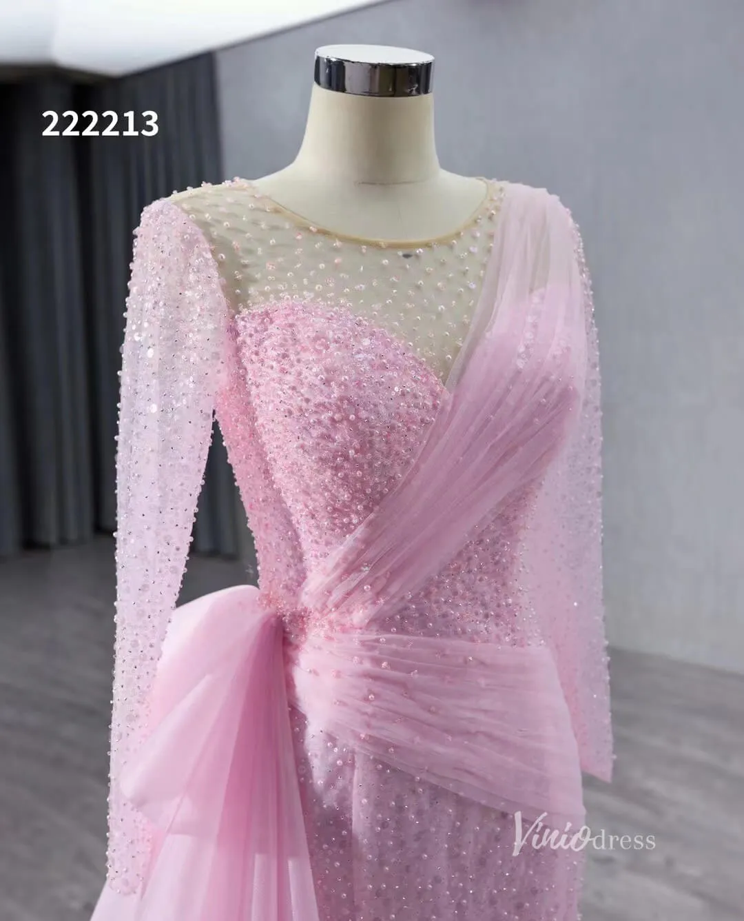 Beaded Long Sleeve Pink Pageant Gown Overskirt Mermaid Wedding Dresses 222213