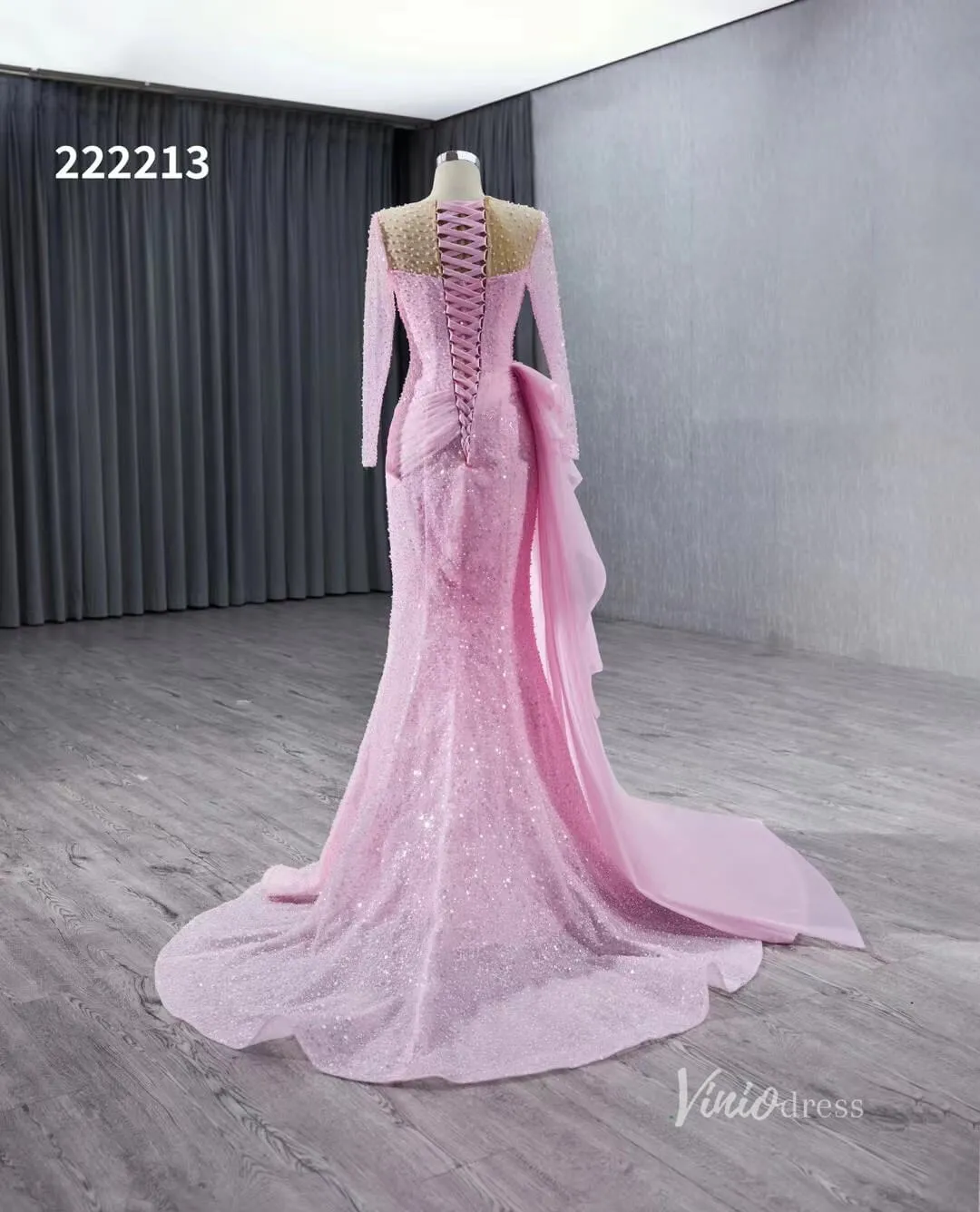 Beaded Long Sleeve Pink Pageant Gown Overskirt Mermaid Wedding Dresses 222213