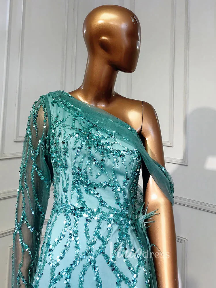 Beaded Mauve Feather Prom Dressses One Shoulder Long Sleeve Green Evening Dress 20009