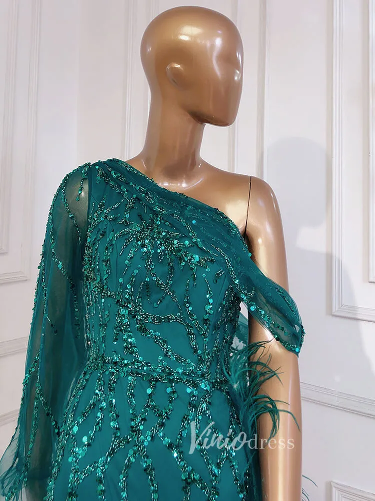 Beaded Mauve Feather Prom Dressses One Shoulder Long Sleeve Green Evening Dress 20009