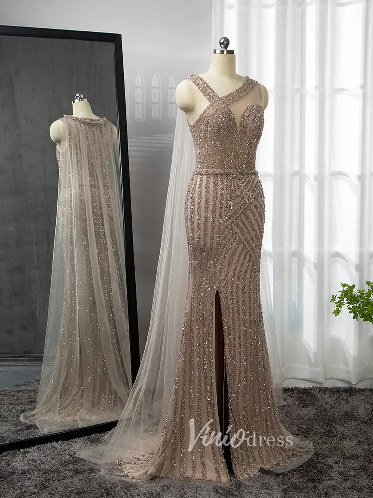 Beaded Mermaid Prom Dresses with Detachable Cape Evening Dress 20015