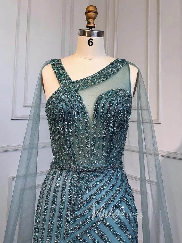 Beaded Mermaid Prom Dresses with Detachable Cape Evening Dress 20015