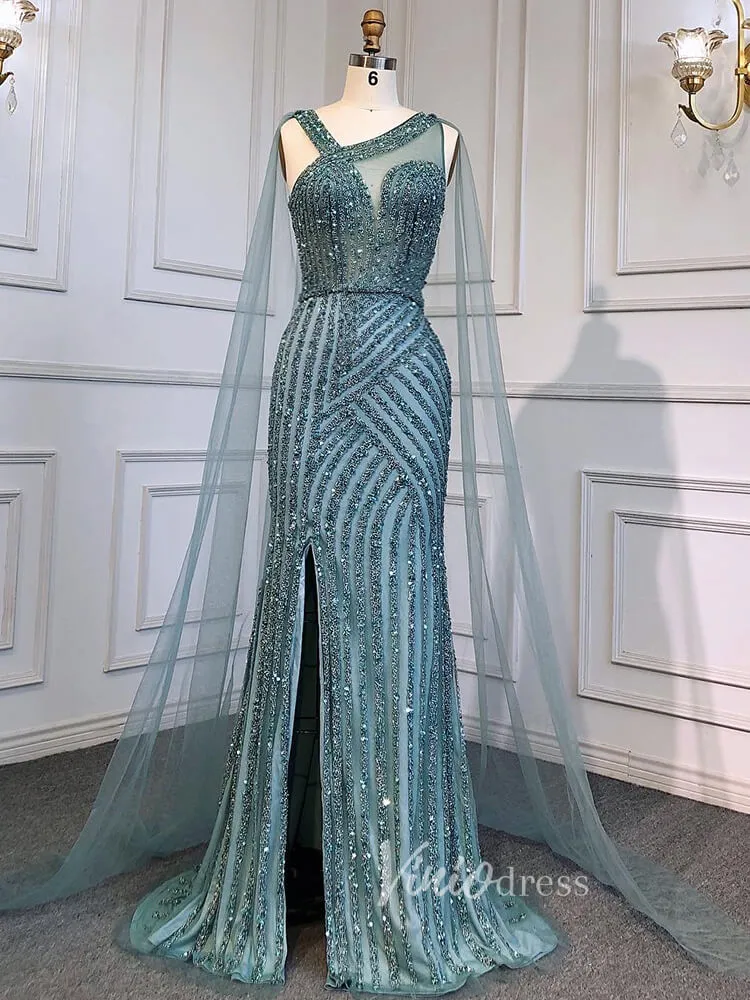 Beaded Mermaid Prom Dresses with Detachable Cape Evening Dress 20015