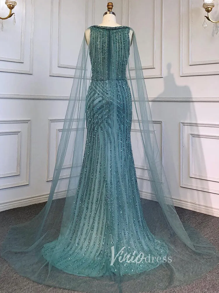 Beaded Mermaid Prom Dresses with Detachable Cape Evening Dress 20015