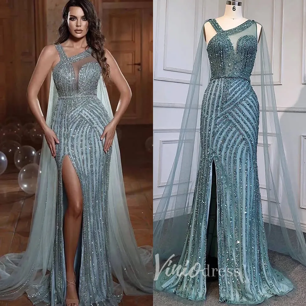 Beaded Mermaid Prom Dresses with Detachable Cape Evening Dress 20015